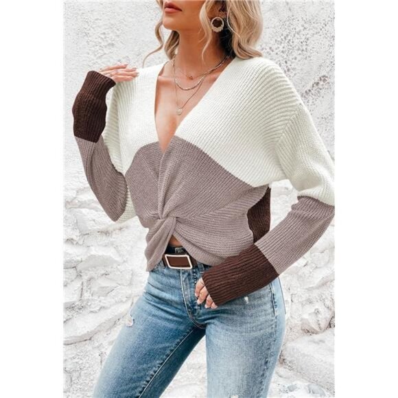 Khaki Colorblock Chunky Knit Pullover Sweater V Neck Twisted Knot Sweater Top - Picture 4 of 6